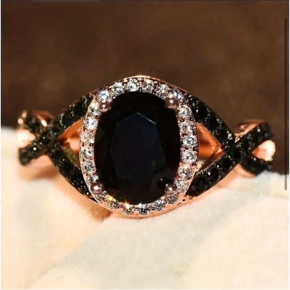Black Onyx & White Diamond Rose Gold Ring